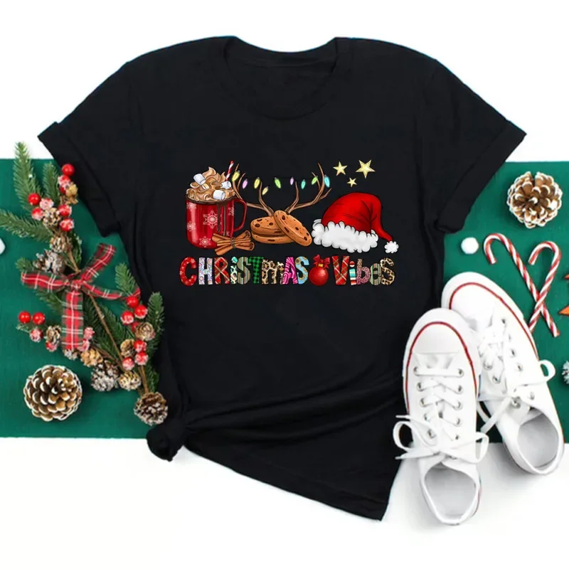 

New Women T Shirt Christmas Santa Hat Print Xmas Gifts Ladies Top Tees Harajuku Fashion New Year Female T-shirt