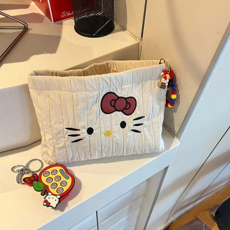

100% genui2025 New Sanrio Hello Kitty Embroidered Handheld Makeup Bag Large Capacity Portable Cosmetic Organizer For Women Girls