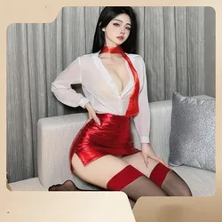 Plus Size Lingerie Teacher Cosplay Leather Tight Skirt Office Lady Uniform Women Secretary Porn Role Play Costume with Stockings