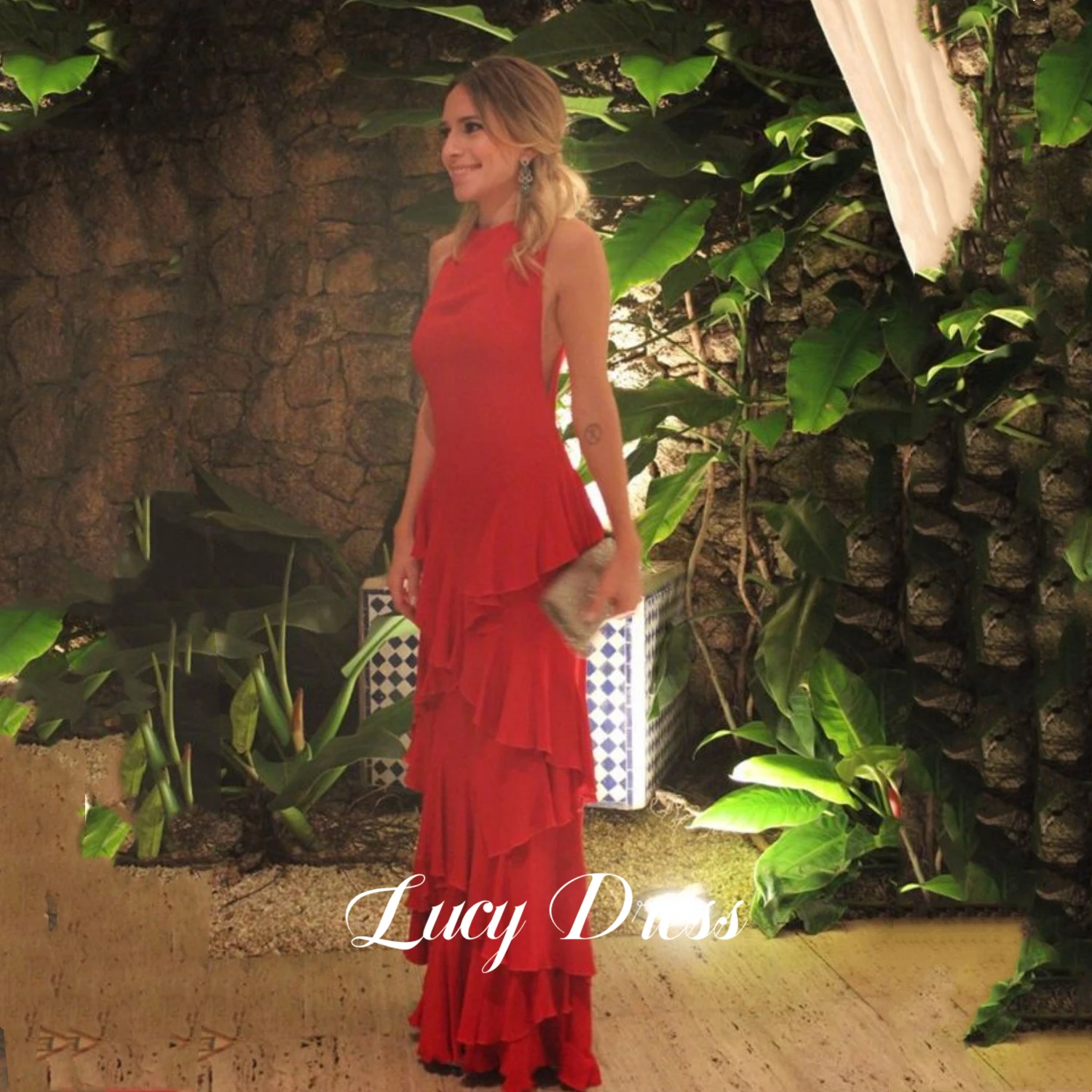 Lucy Elegant Party Dresses for Women 2024 Crew Neck Female Dress Party Evening Elegant Luxury Celebrity Layered Chiffon Red