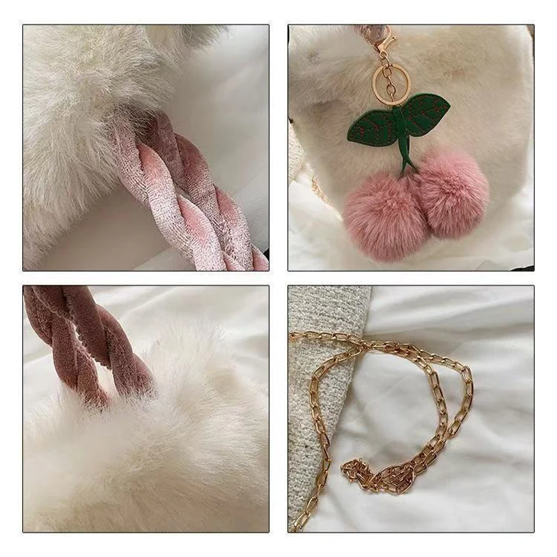 حقيبة كروس من الفرو الصناعي المنفوش للنساء، محفظة كتف صغيرة من القطيفة مع كرة الكرز والشرابة، حقيبة يد لطيفة للفتيات #3