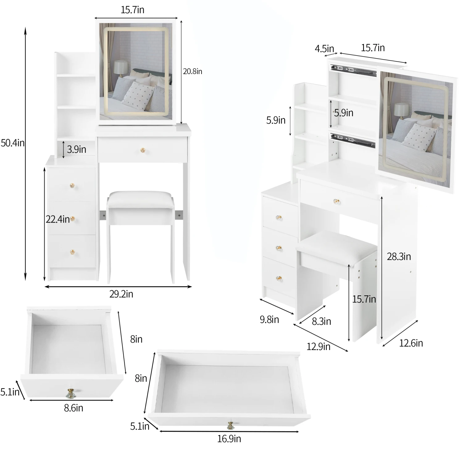 Small Vanity Table + Stool, LED Mirror, Tri-color Switching, Brightness Adjust, Multi Layer, Small Space Friendly, EPA,GCC,UL Ce