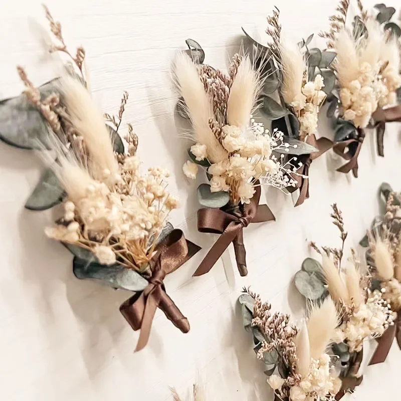 Esküvői Mali Aszalt virágok Bolyhos Félkegyelmű Pampa Fű Bokréta boutonniere számára férfiak boho esküvői Avatás decorations haza dekor