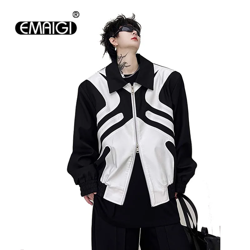 Men Black White Splice Streetwear Fashion Loose Casual Motorcycle Jacket Male Korean Net Celebrity Modeling Coat Outerwear