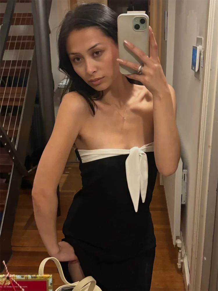 Tossy French Vintage Black and White Color Block Tube Dress Women Sexy Strapless Tie Front Bow A-Line Mini Dress Summer Outfits