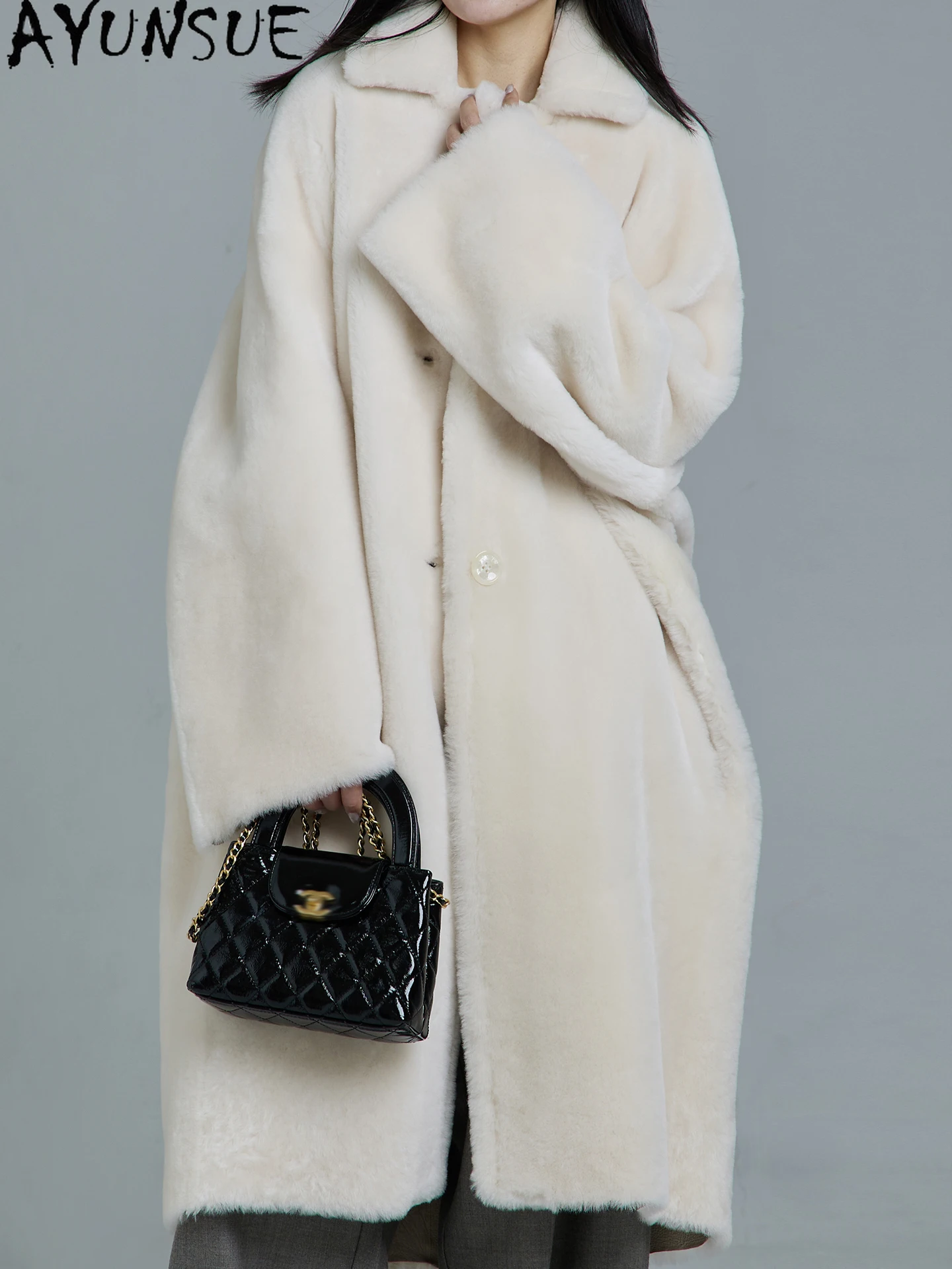 AYUNSUE Giacca in vera pelle di pecora lana di agnello merino donna vera pelliccia naturale cappotti lunghi sopra il ginocchio abiti invernali donna 2025