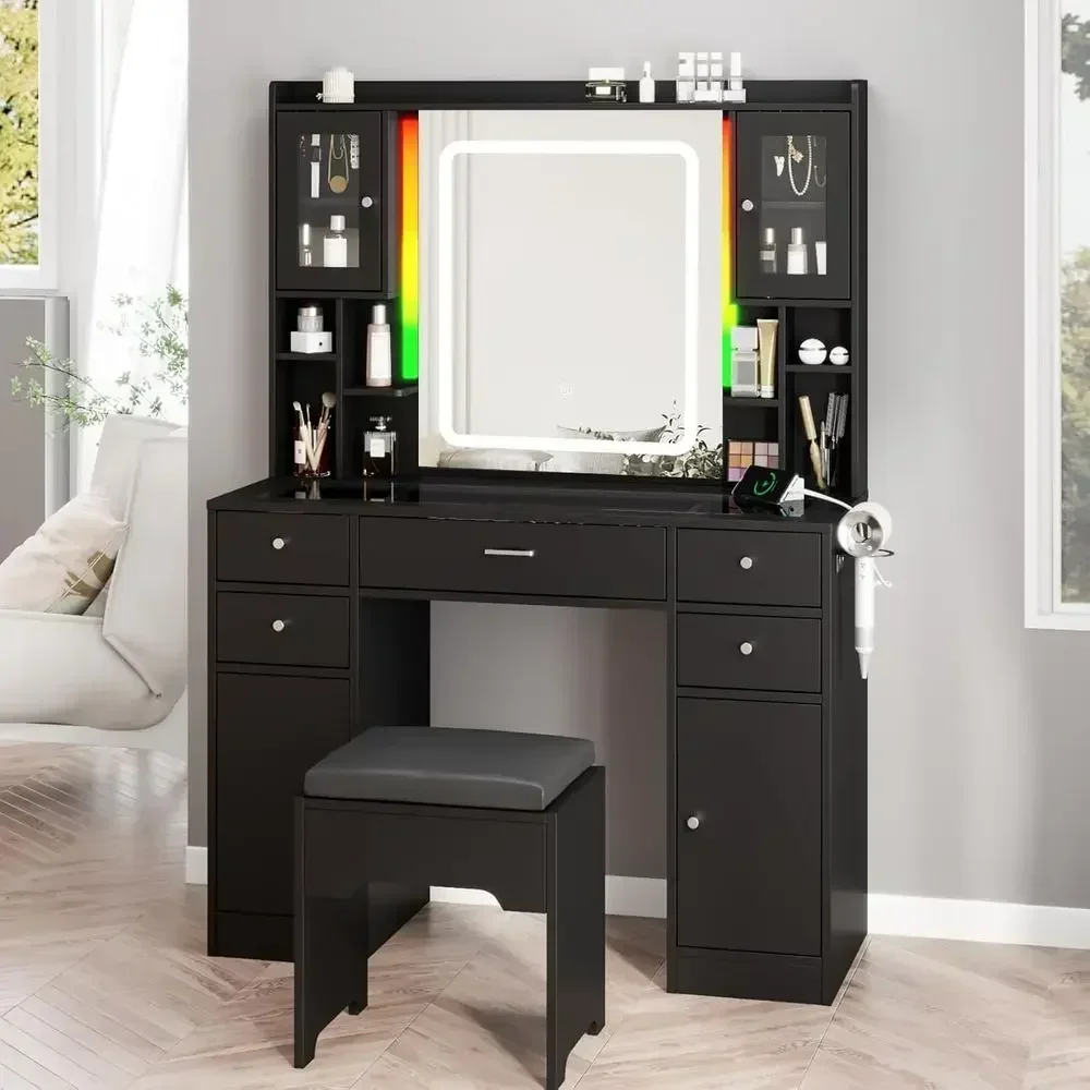 LED Mirror Vanity Desk with Charging Station, RGB Lights, 5 Drawers, Glass Top & Time Display Makeup Vanity Set