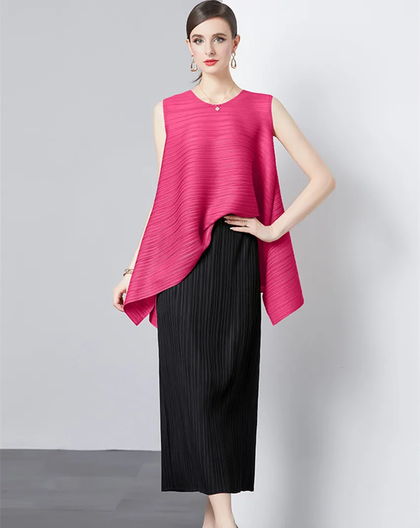 Fashion Miyake Pleated Skirt Suit New Summer Rose O Neck Sleeveless Tank Irregular Loose Tops + Black Midi Pencil Skirt 2PCS Set