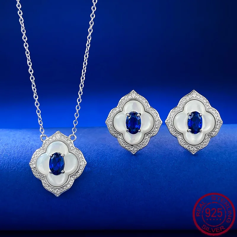 

New S925 Silver White Beimu Inlaid Royal Blue 4 * 6mm Necklace Women's Clavicle Chain Pendant Wedding Jewelry