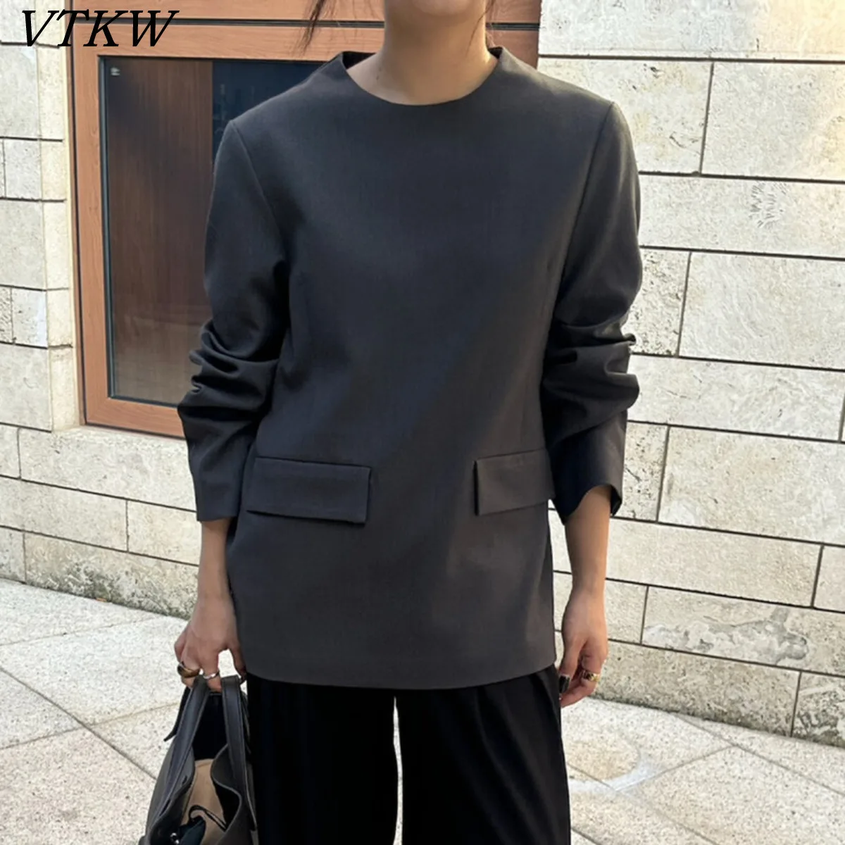 

VTKW Дизайнерский женский пуловер-блейзер Топ с круглым вырезом и длинным рукавом с завязкой на талии Офисный элегантный шикарный весенний минималистичный модный премиум-класса