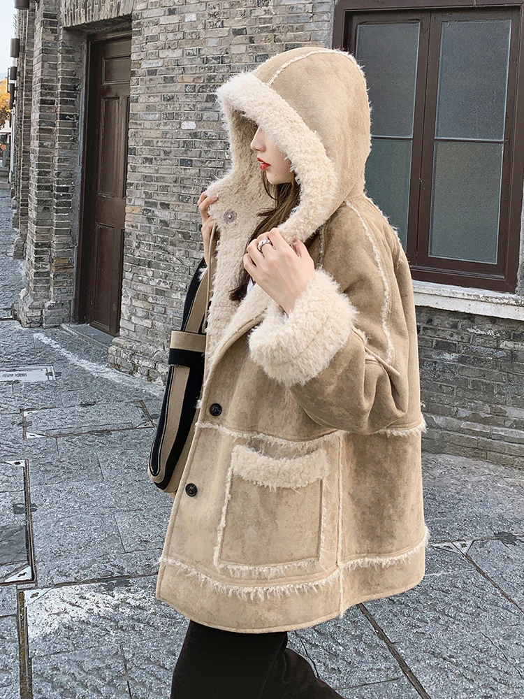 Winter New Women Jacket Coat Lamb Wool Hooded Fur Hooded Coat Women\'s Medium Long Coat Loose Female Top Chic Outwear