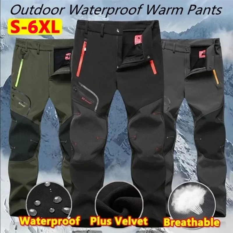 Men Winter New Warm Hiking Trekking Fishing Camping Climbing Trousers Oversize 6XL Waterproof Outdoor Women Cycling Fleece Pants