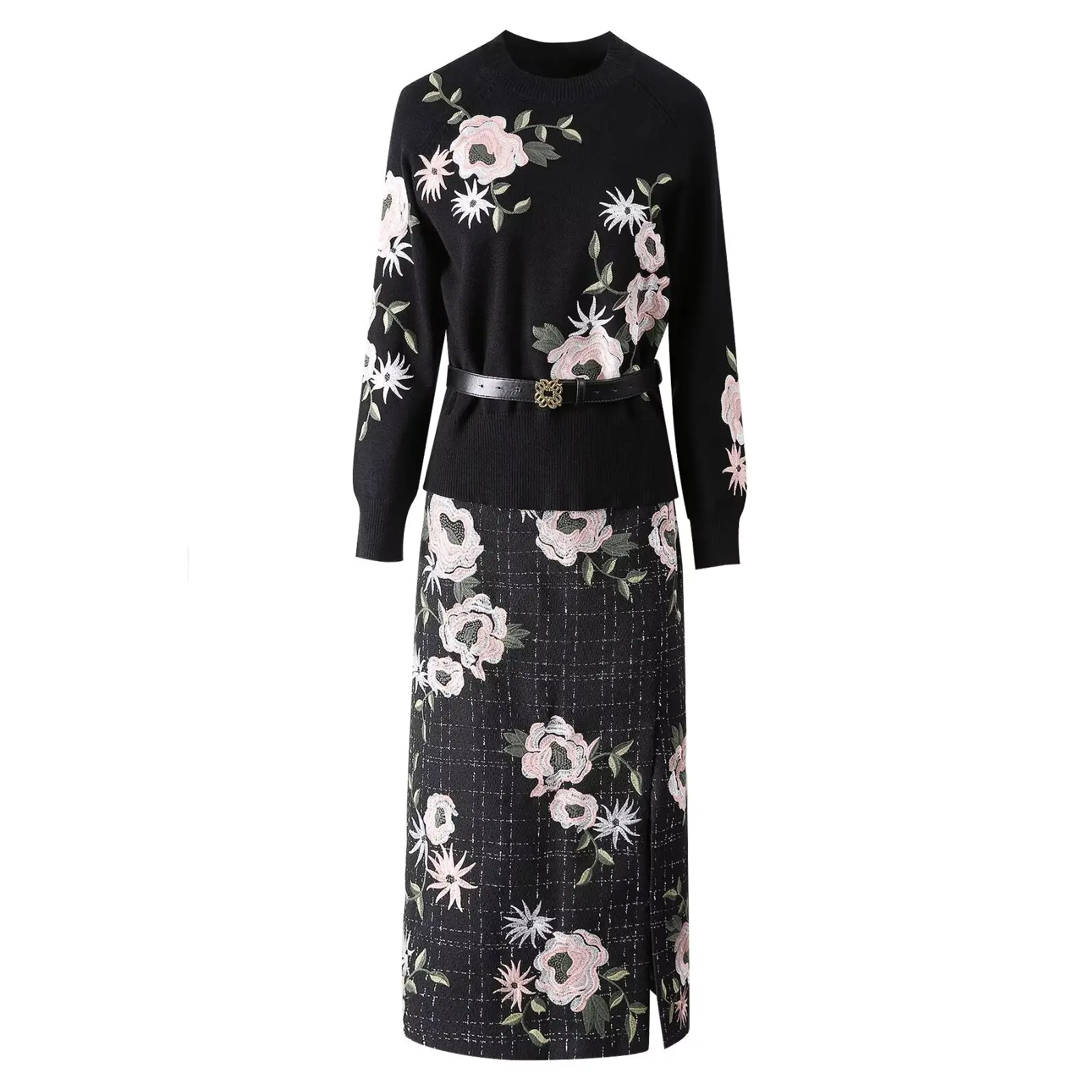 SEQINYY Elegant Black Suit Spring Autumn New Fashion Design Women Runway Sweater + Slim Weave Skirt Embroidery Flower Vintage