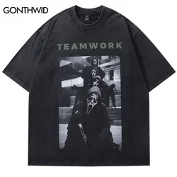 Men Black Oversized Tshirt Vintage Graphic Print Punk Gothic Washed T-Shirt Streetwear 2024 Hip Hop Loose Shirts Harajuku Tops