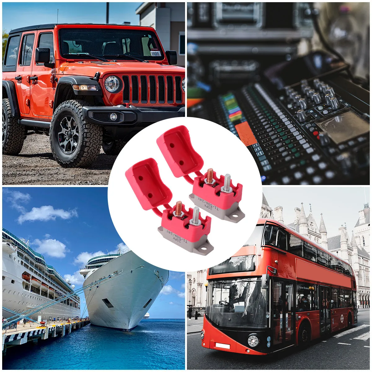 

2pcs 50A 12V 24V Automatic Reset Circuit Breaker Stud Bolt Red Cover Overcurrent Protection For Car Vehicle Ship Truck Bus Dc