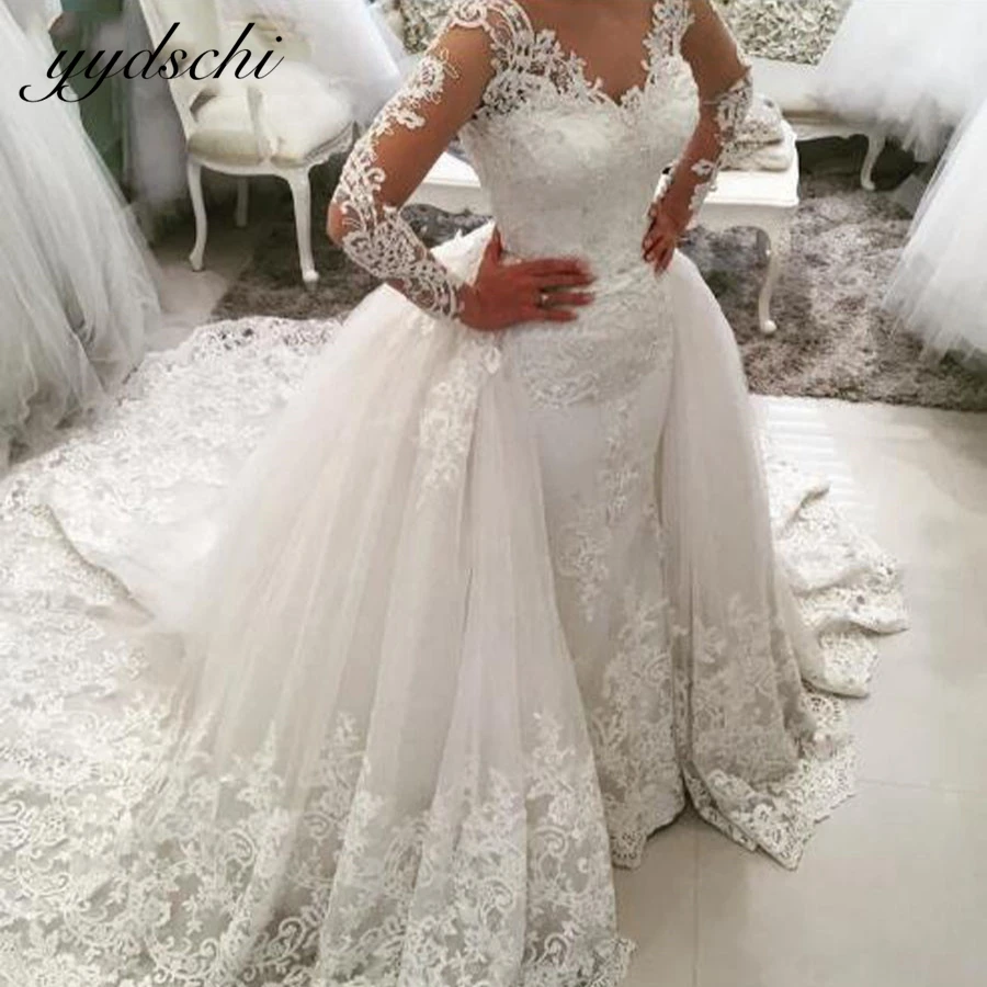 Customized Lace Mermaid Bridal Gowns Long Sleeves Backless Luxury Saudi Arabia Wedding Dresses V-neck Dubai vestidos de novia