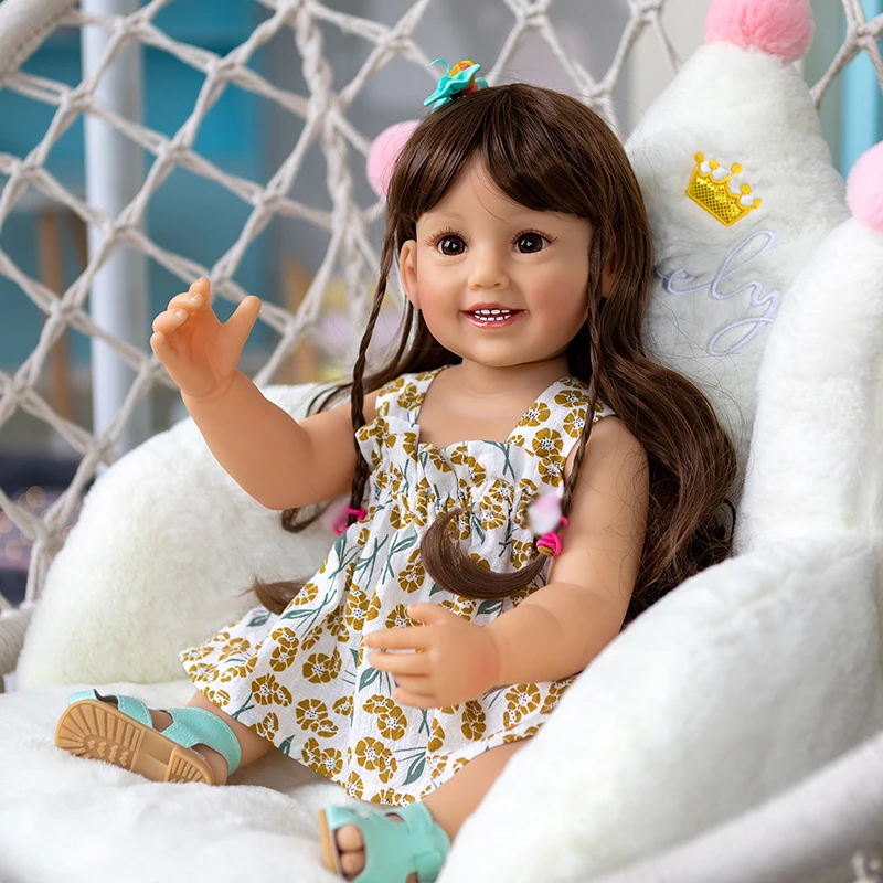 Lalka Reborn 55 cm, mała dziewczynka Cammi, uśmiechnięta, miękka silikonowa lalka dziecięca, malowana trójwymiarowo skóra z widocznymi żyłkami, zabawka do kąpieli dla dzieci.