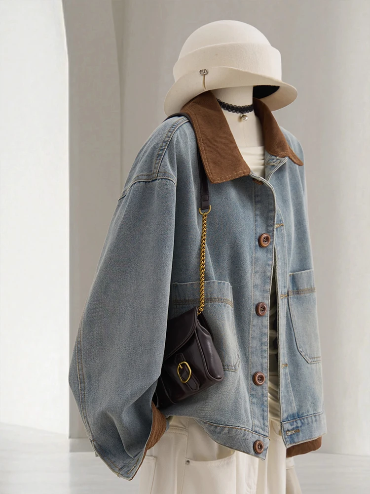 Retro Collar Contrast Color Denim Short Jacket for Women Corduroy Patchwork Stylish Short Coat for Spring & Autumn