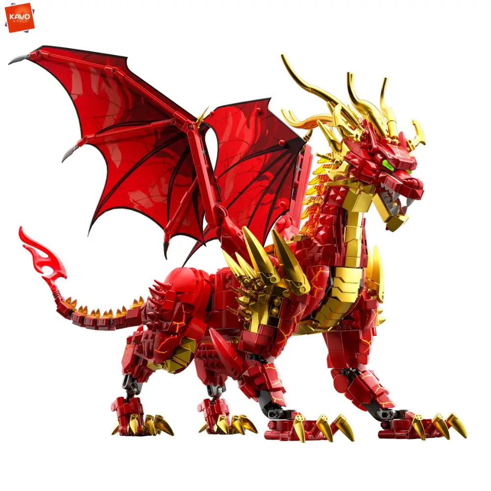 KAVOWORLD 1919PCS Rood Gouden Vuur Draak Bouwstenen Model Met LED Licht Beweegbare Vleugels Steentjes Set Feestdag Cadeaus voor Kinderen