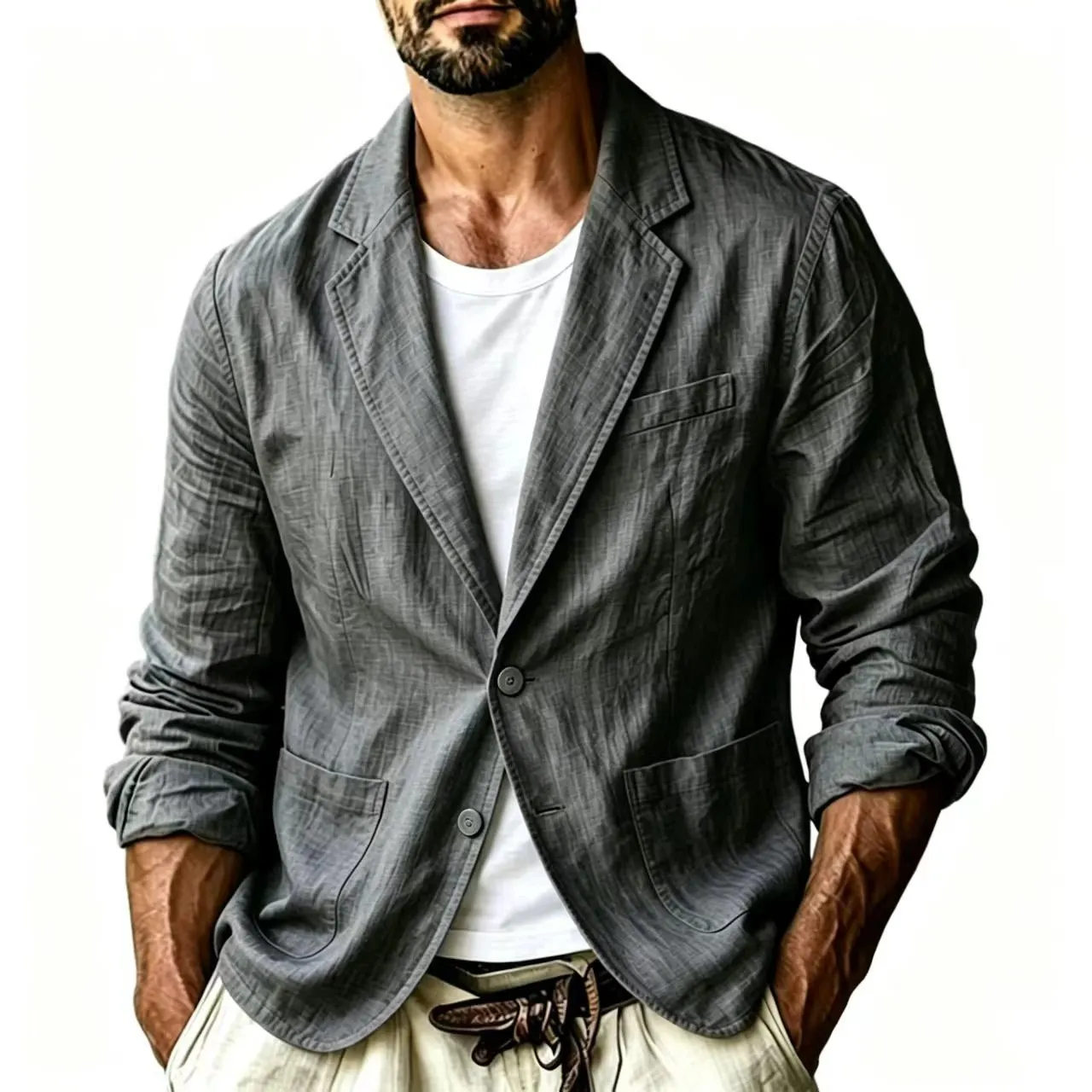 Men Fashion Solid Color 100% Cotton Blazer Jacket Lightweight Breathable Single‑Button Casual Suit Coat Spring Summer Outerwear