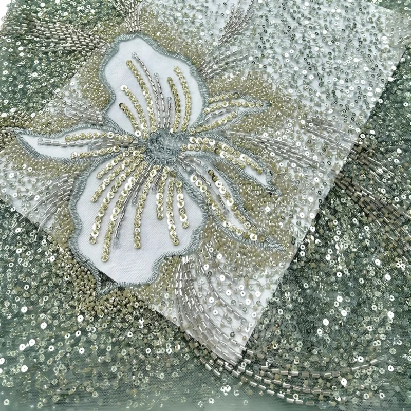 

High Quality African Beaded Groom Lace Fabric Floral Embroidery Mesh Lace Fabric Sequins Nigerian Tulle For Sewing Wedding Dress