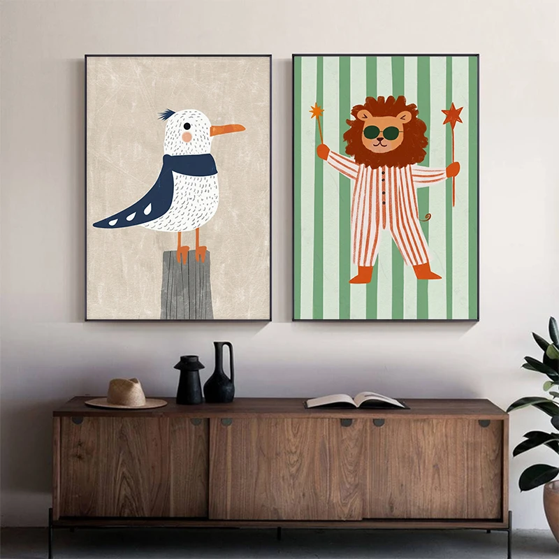 Nordic Funny Animal Wall Poster Hand Drawn Elephant Lion Puppy Turtle Prints Kid Room Nursery Home Wall Decoration Children Gift