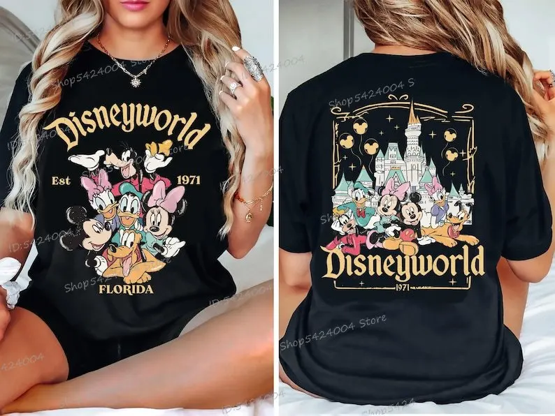 Camisetas retrô de férias de Mickey e amigos, personagens de anime de desenho animado, camisetas femininas de manga curta