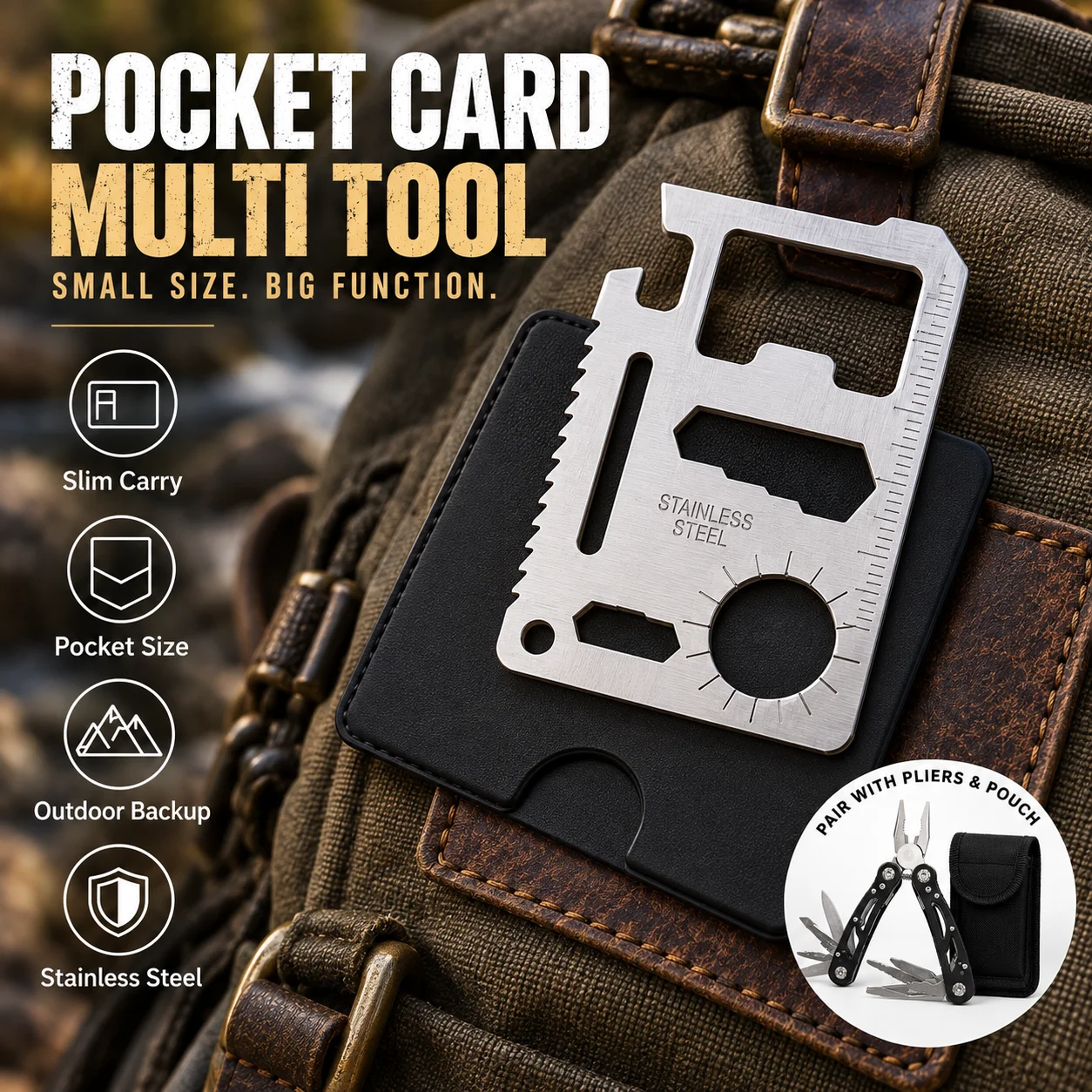 2PCS Outdoor Multi Tool Set, Folding Pliers and Pocket Card Tool, Camping Repair Emergency Hand Tools, Portable Survival Gear