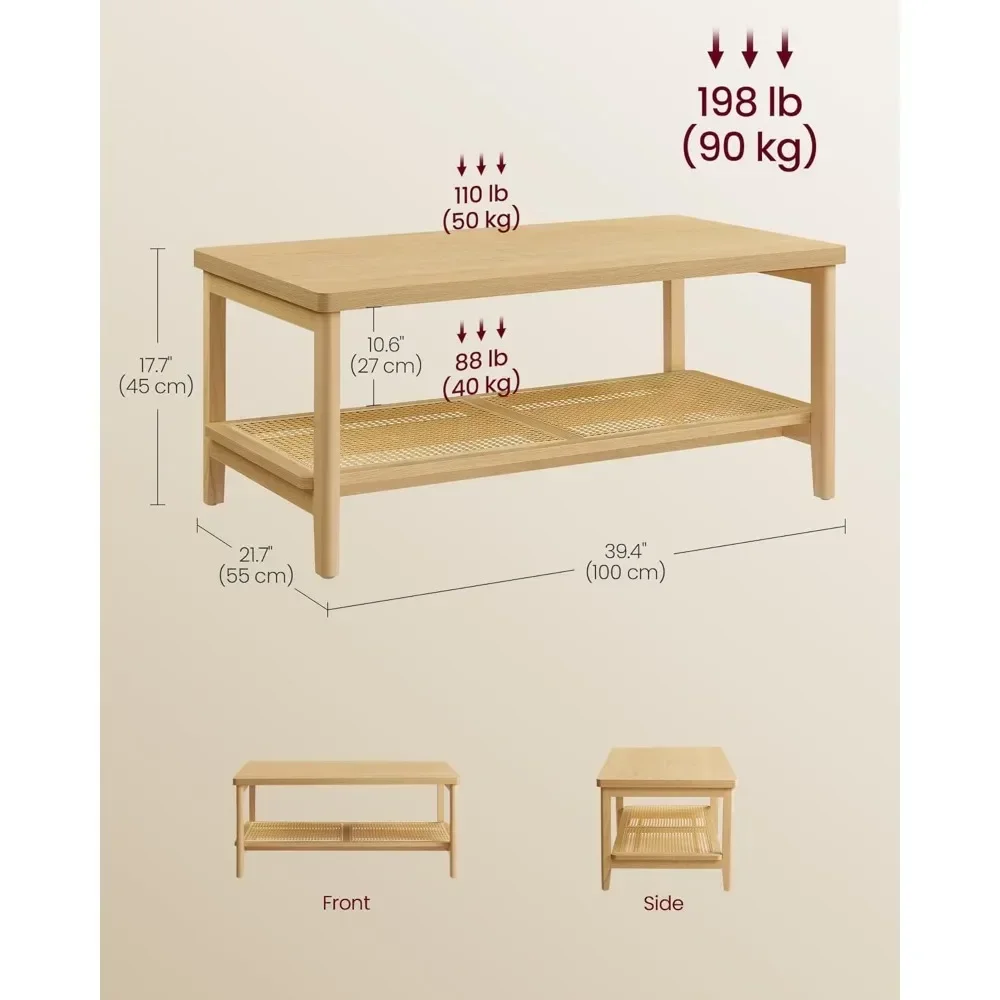 Coffee Table, Table Rectangular Center Table, with PVC Rattan Storage Shelf, Rounded Corners, Easy Assembly, Café Tables