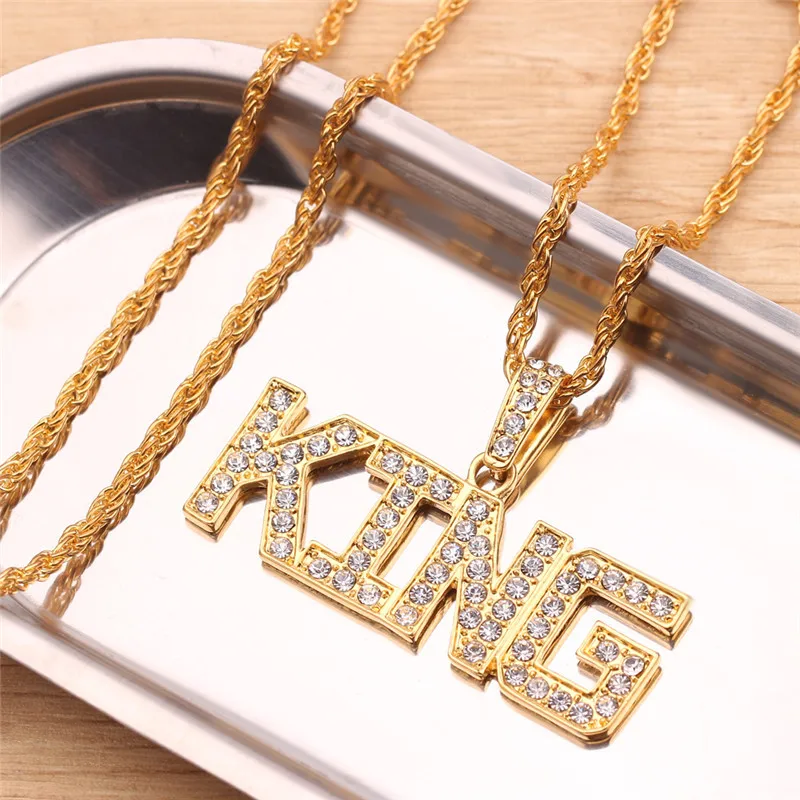 Men Women Hip Hop Bling KING QUEEN Letter Pendant Necklace Link Chain Necklaces Iced Out Charm Fashion Jewelry