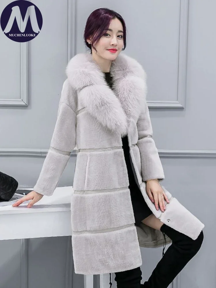 Women\'s Elegant Imitation Fox Hair Collar Warm Fur Coat Korean Fashion Slim Fit Artificial Plush Coats Autumn Winter New