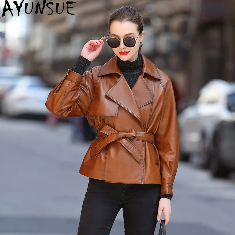 AYUNSUE Genuino Giacca di Pelle Delle Donne 2025 Primavera Autunno Vestiti Cappotti di pelle di Pecora Collare del Vestito Delle Donne Cappotto Cintura Jaqueta De Couro