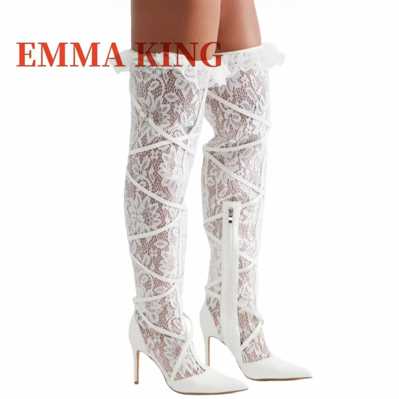 الأبيض الدانتيل مشبك Strappy أحذية طويلة مدبب تو خنجر كعب الجانب سستة الفخذ أحذية عالية المرأة أحذية الحفلات الزفاف الفاخرة 45