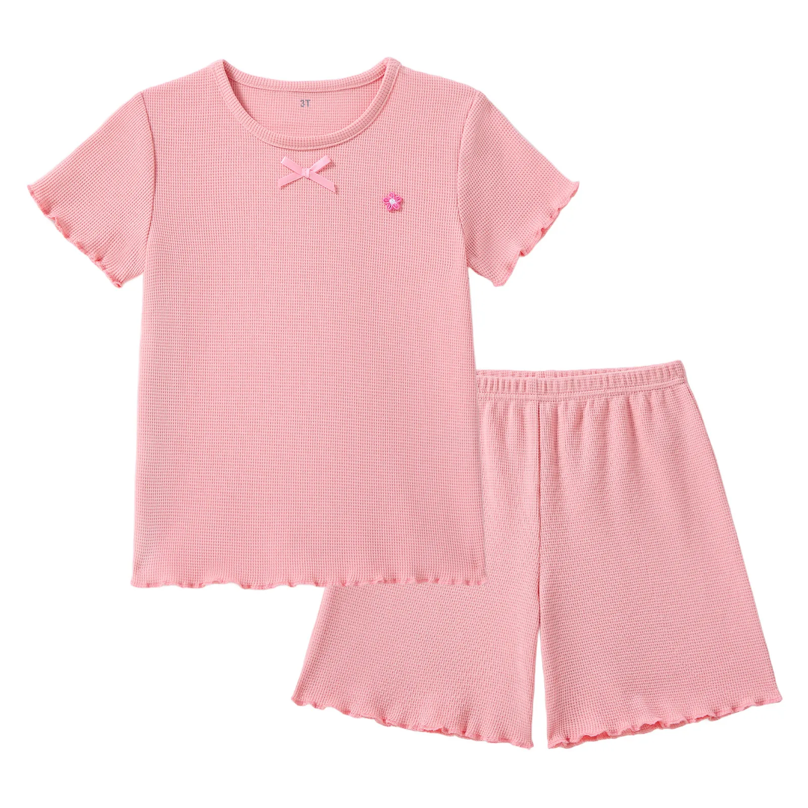 Kiddiezoom 2Pcs 12M‑5T Girls Waffle Knit Pajama Set Bow Ruffle Short Sleeve Top Shorts Soft Summer Kids Home Outfit