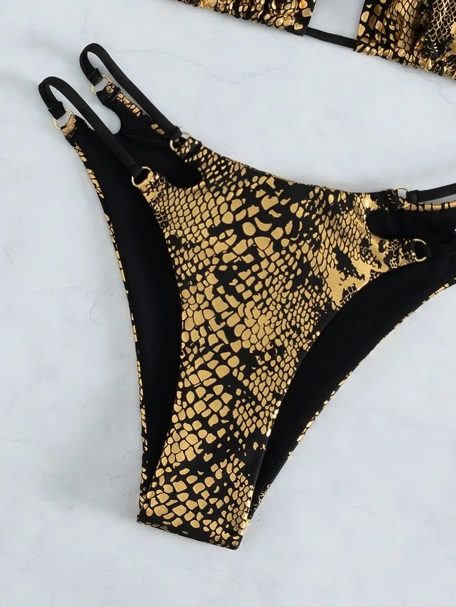 

2pcs Black And Gold Snake Print Side Ring Chain Tie Bikini Set