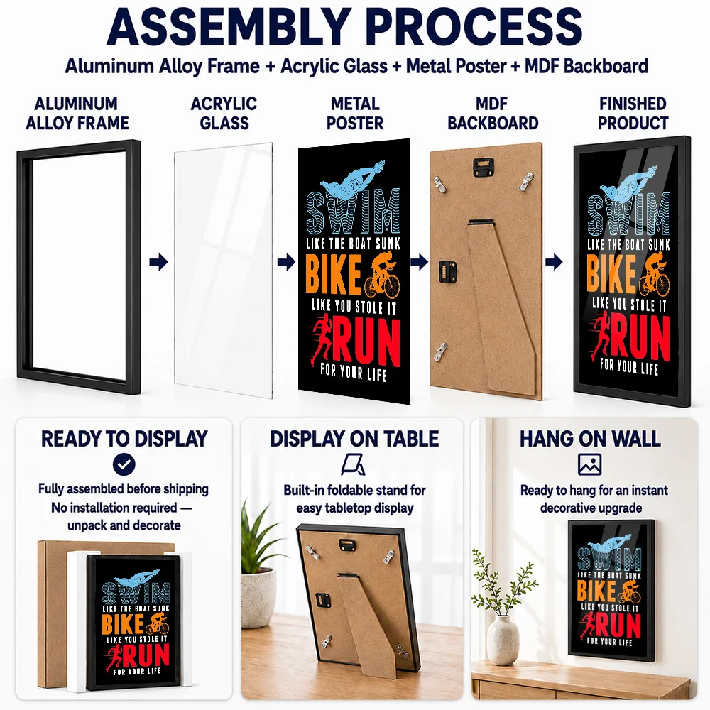 Triathlon Swim Bike Run Framed Metal Poster Personalized Photo Outdoor Adventure Style Wall Art For Home Gym Unique Coach Gift