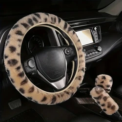 3pcs New Winter lmitation Rabbit Fur Leopard Print Car Steering WheelCover Plush Pull Force Cover Warm Three-piece Steering Whee