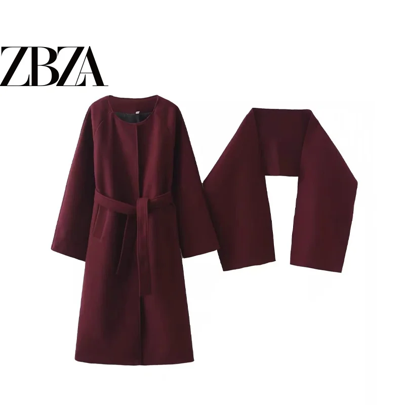 Elegant Long Necktie Woolen Coat for Women round Neck Scarf Versatile Straight Cut Polyester Fiber Spandex Winter Outerwear
