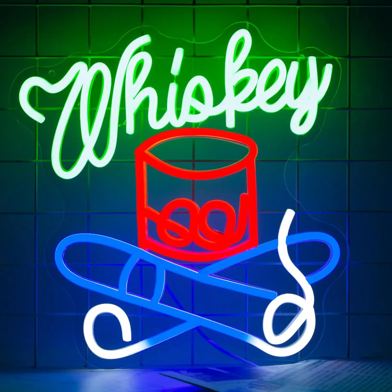 Whiskey Neon Sign LED Wall Art USB Powered Acrylic Green Red Blue White Glow Barbershop Man Cave Home Bar Pub Wall Decor