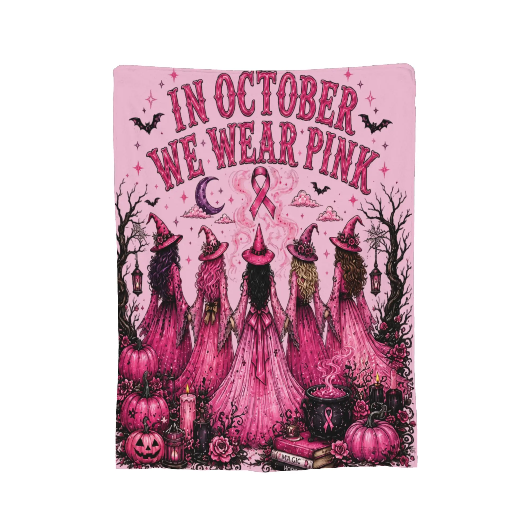 Breast Cancer Awareness Pink Ribbon October Halloween Witchy Blanket Coral Fleece Plush Decoration Warm Throw Blanket for Bed