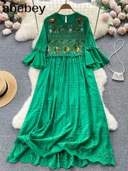 2026 Women Elegant Oneck Tassel Long Party Dress Summer Three Quarter Sleeve Lace Maxi Dress Lady Vintage Patchwork Beach Dress