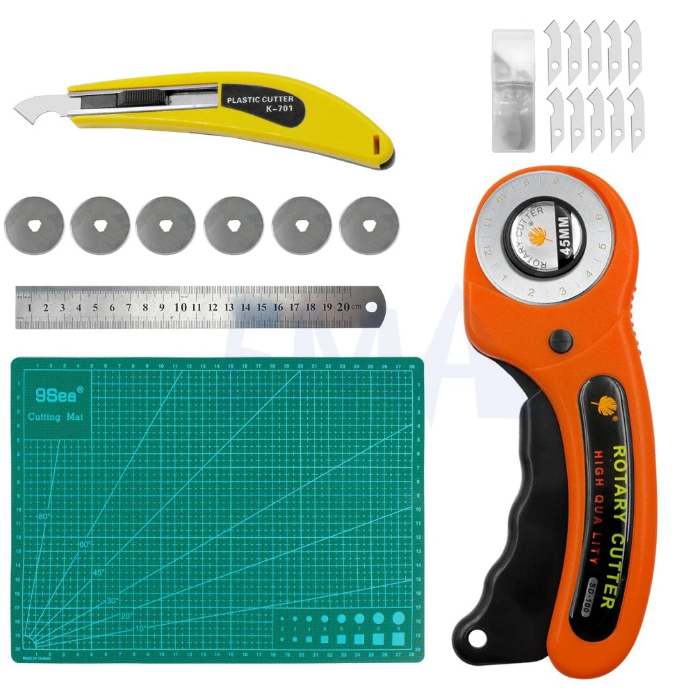 Sewing Rotary Cutter Kit 45mm Rotary Cutter with 6 Blades Cutting Mat Patchwork Ruler Precision Knife for Sewing Quilting Crafts