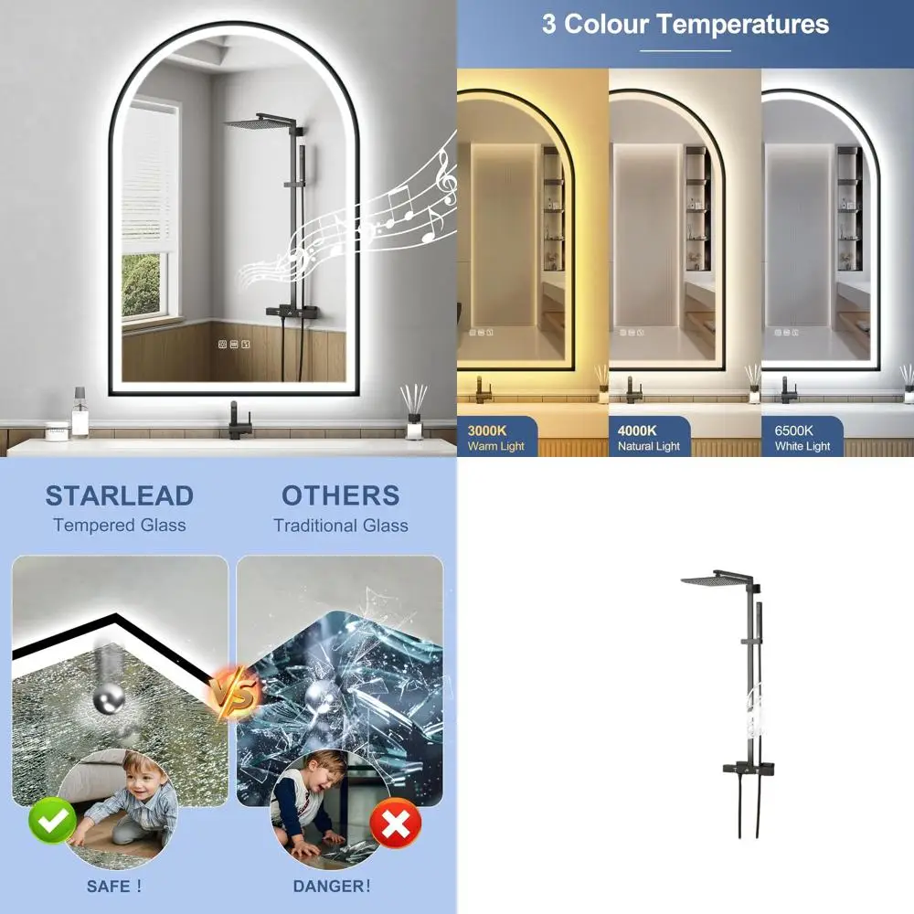 مرآة حمام مثبتة على الحائط LED مقاس 24 × 36 بوصة مع بلوتوث، مضادة للضباب، تعتيم 3 درجات الحرارة، زجاج مقسى مقاوم للماء، أسود Fr #1