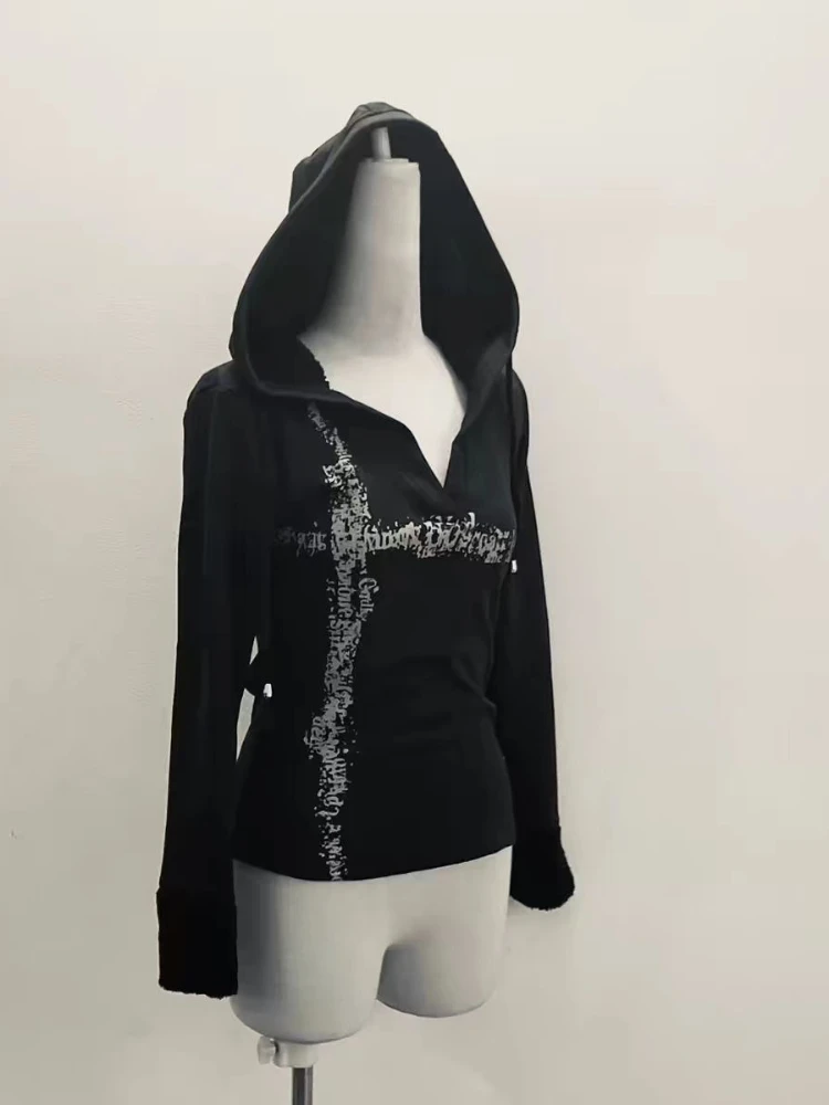 Y2k Vintage Stampato Slim Felpe con cappuccio da donna Manica lunga Estetica Moda Felpa con cappuccio nera Con scollo a V Abbigliamento streetwear 2025 Nuovo