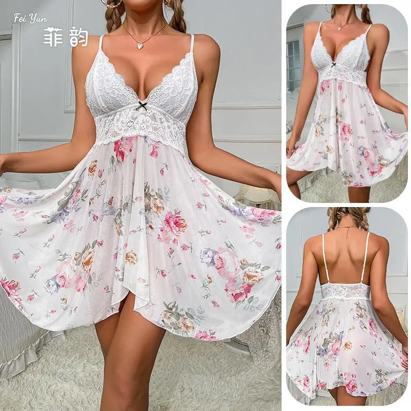 

Me Csole Skirt Printed Nightgown Lace Patchwork ort Svel Autumn Home Clothes Women's Spwear Comfortable Nightdr