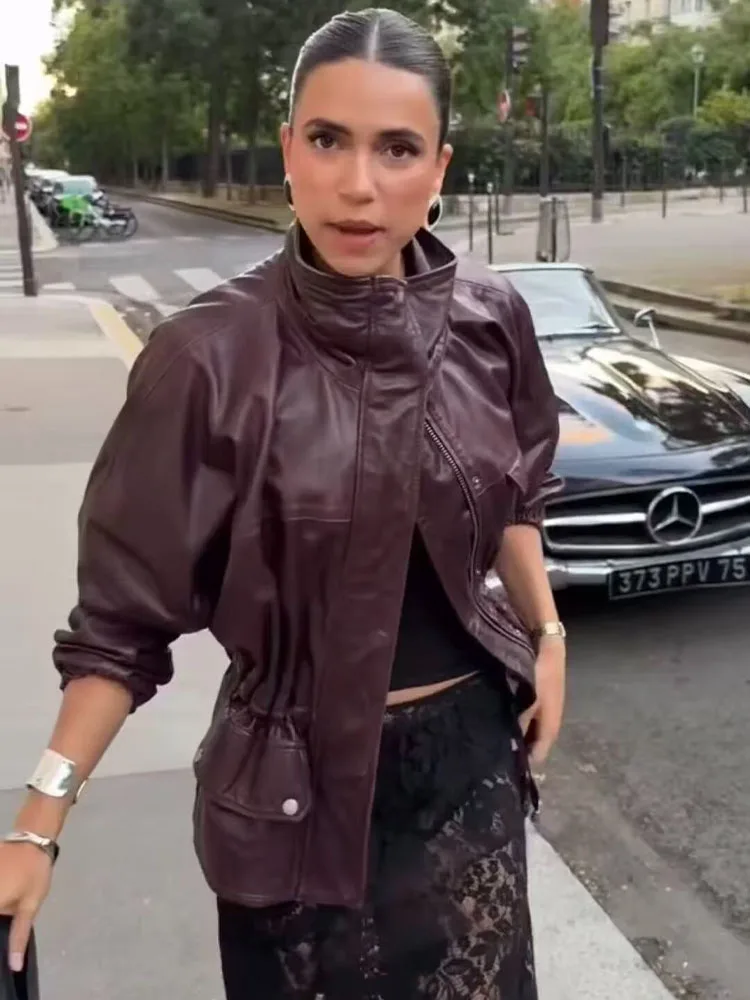 HH أنثى موضة معطف قصير غير رسمي المرأة الوقوف طوق جيب الديكور طويلة الأكمام شيك معاطف أزرار سستة الشارع سترة #3