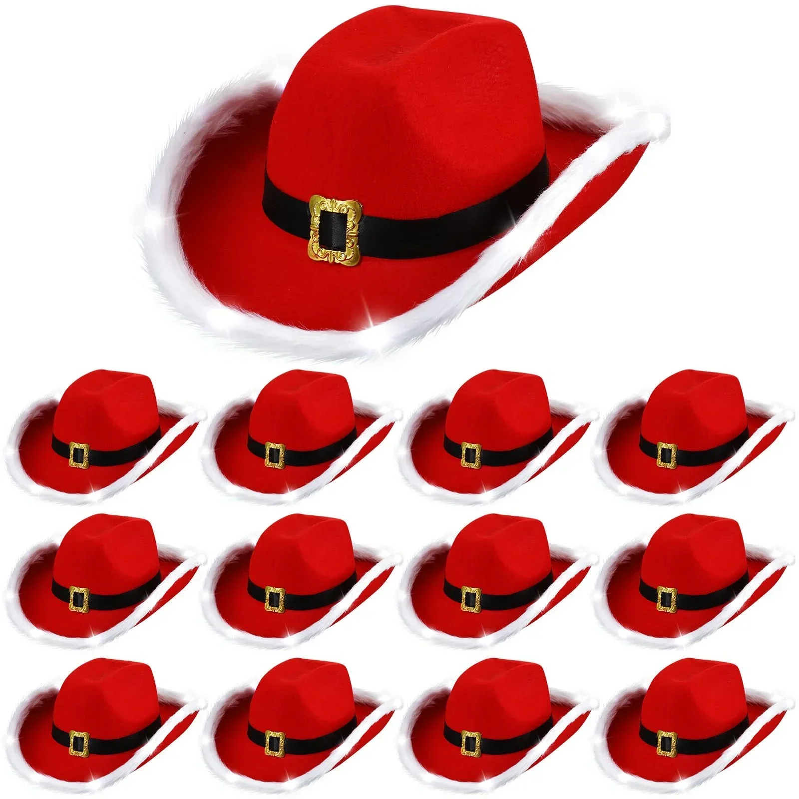 10pcs Fashion Santa Claus Party Christmas Luminous Cowboy Hat Western Red Felt Hats Wide Brim Cowgirl Hat Jazz Hat for Women Men