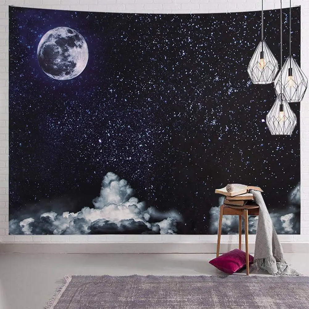 black and white Moon Stars Wall Tapestry Wall Hanging Outer Space and Galaxy Tapestry Night Sky with White Cloud Home Decor for