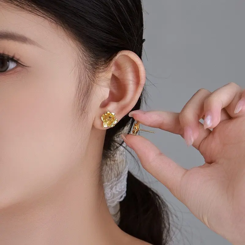 أسعار الجملة --- 24 كيلو الذهب الخالص مطلي الكلاسيكية روز الزهور وأقراط للنساء موضة XP مجوهرات صديقة للبيئة