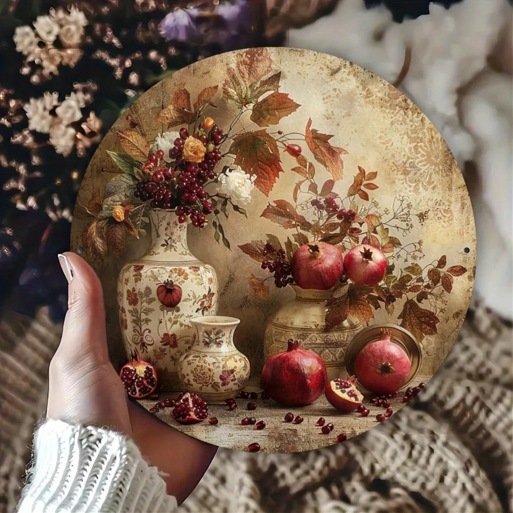 1pc 20x20cm Round Aluminum Metal Tin Sign Vintage Pomegranate Floral Decorative Wall Art for Home Kitchen Garden Cafe Garage